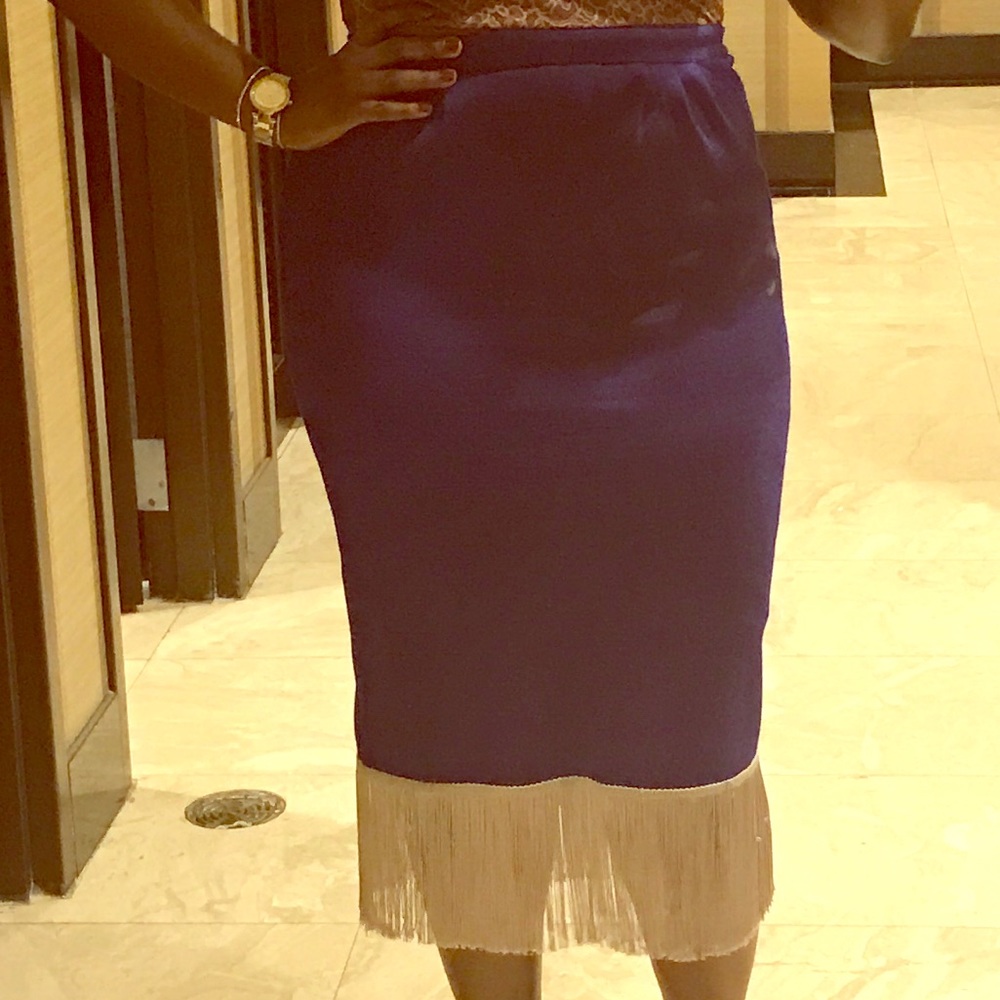 Royal Blue Pencil Skirt with Fringes
